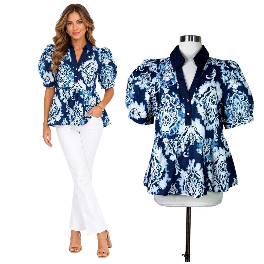 Entro | Navy Blue White Floral Button Peplum Puff Sleeve Cotton Blouse Top Large